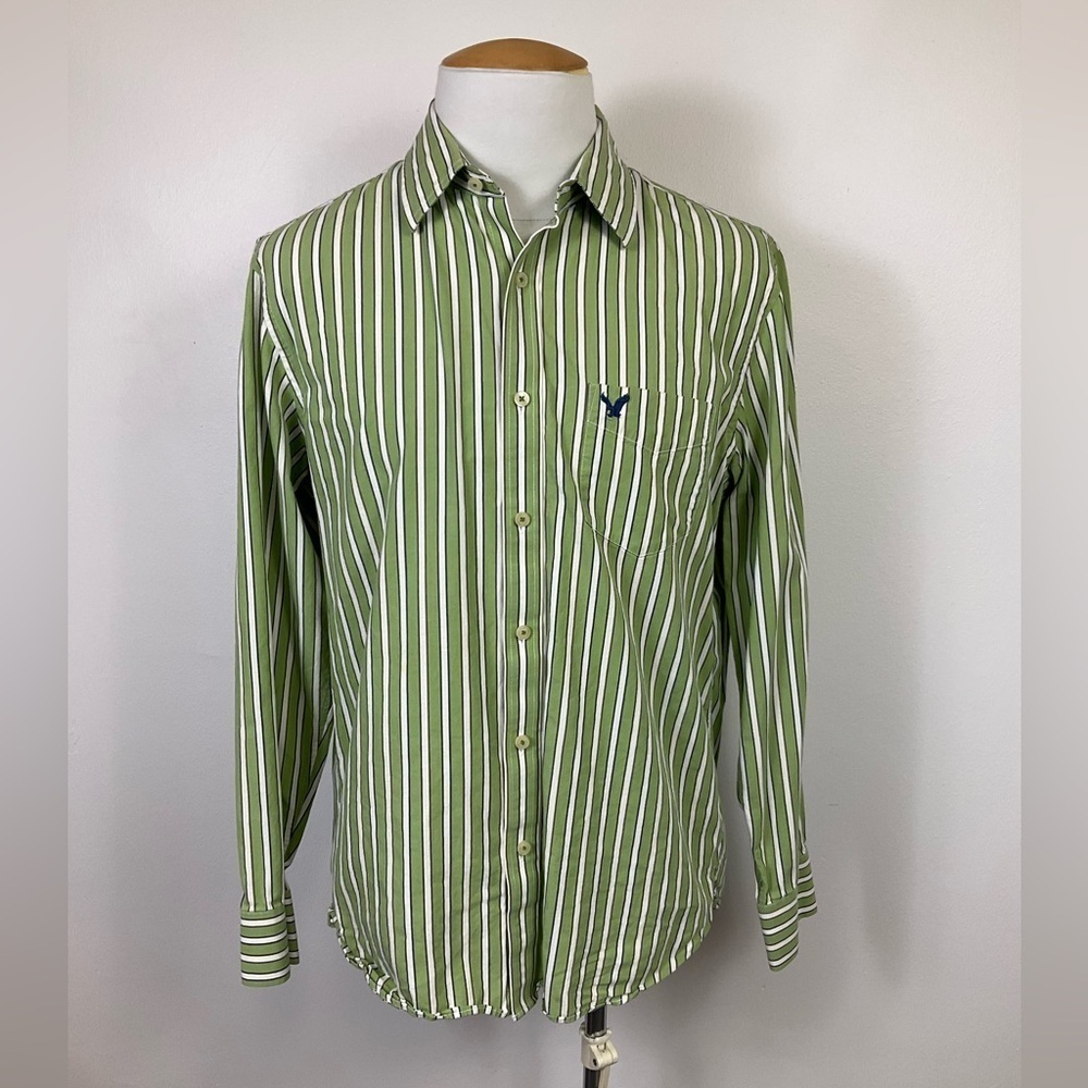 American Eagle Button Down Shirt Green White Striped Long Sleeve Cotton Size Lar